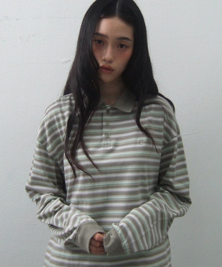 SOME PLACE Striped Multi-Stripe Oversized Long Sleeve Collared T-Shirt _2 Colors