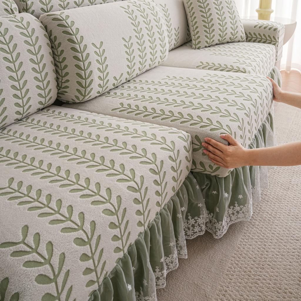 1Pc Wheat Jacquard Stretch Polar Fleece Sofa Cover With Lace Ruffle Hem Contrast Colour Sofa Slipcovers For Living Room Couch