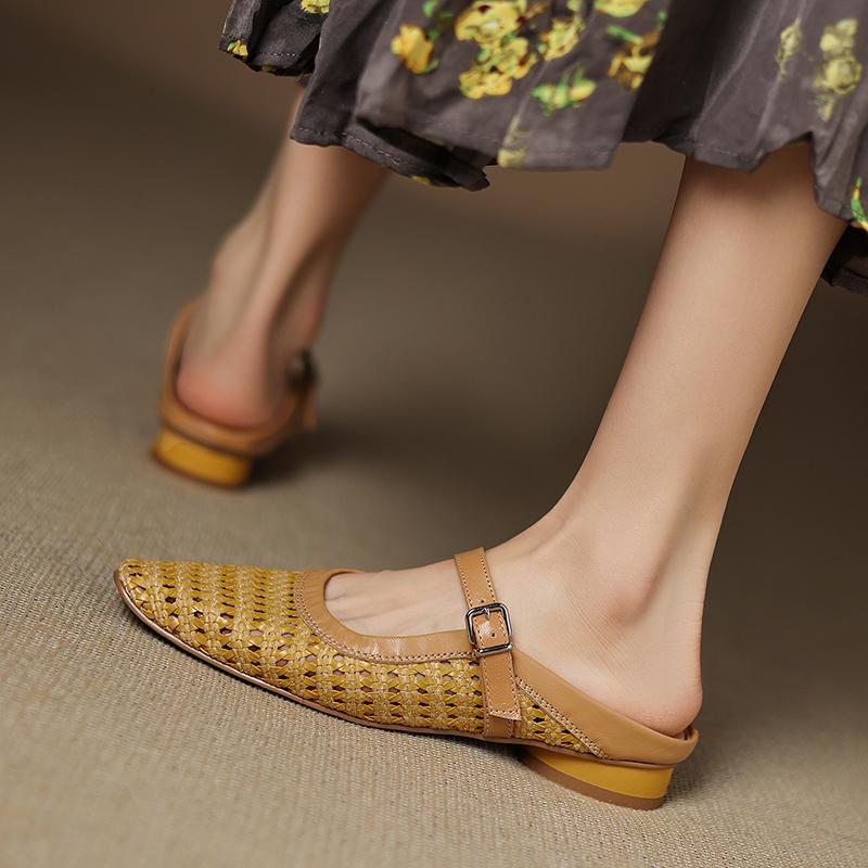 Fashion 2025 Summer Weave Women Slippers Genuine Leather Women Shoes Sqaure Toe Low Heel Cover Toe Slingback Women Mules Hollow Shoes