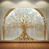 Oversized White Life Tree Wall-mounted - Elegant Polyester Decoration with Golden Branches and White Flowers