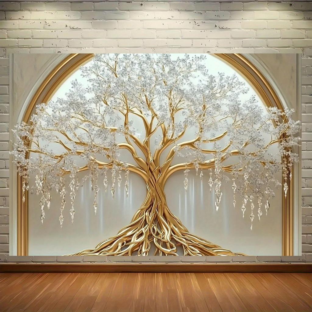 Oversized White Life Tree Wall-mounted - Elegant Polyester Decoration with Golden Branches and White Flowers