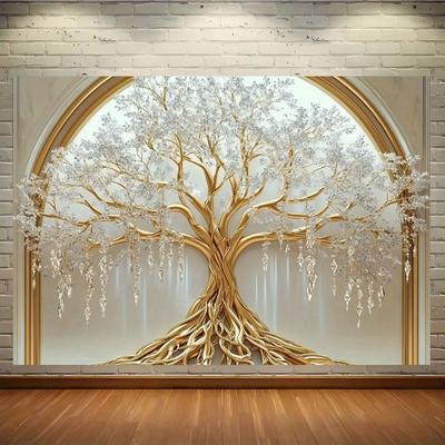 Oversized White Life Tree Wall-mounted - Elegant Polyester Decoration with Golden Branches and White Flowers
