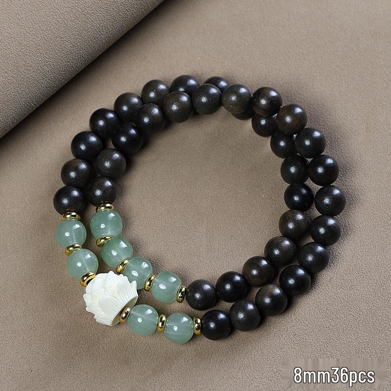 Bodhisattva Agarwood Bracelet: Double Circle Lotus & Cat Paw Beads, Jade Accents, Women's Prayer & Literary Play Accessory