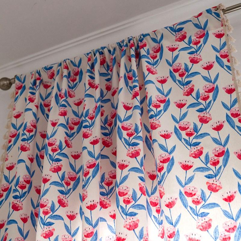 Bohemian Style Cotton Linen Small Floral Printing Tassel Window Curtain Blackout Valance Bedroom Living Room Semi-shading Drape