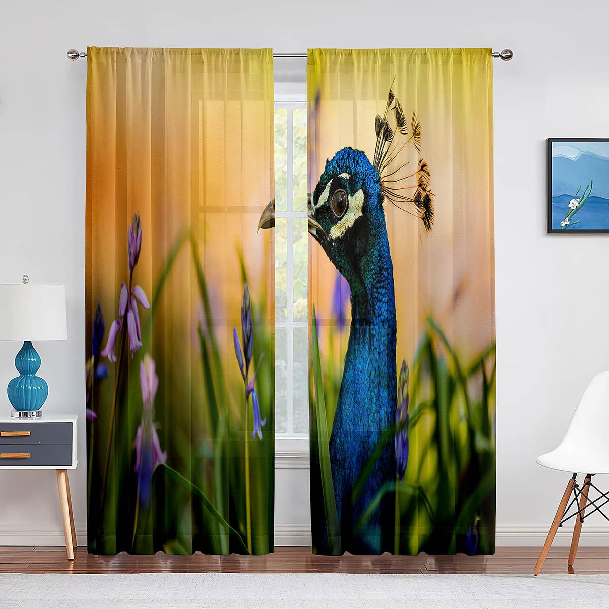 Голубые красивые прозрачные шторы с изображением павлина — фото 6