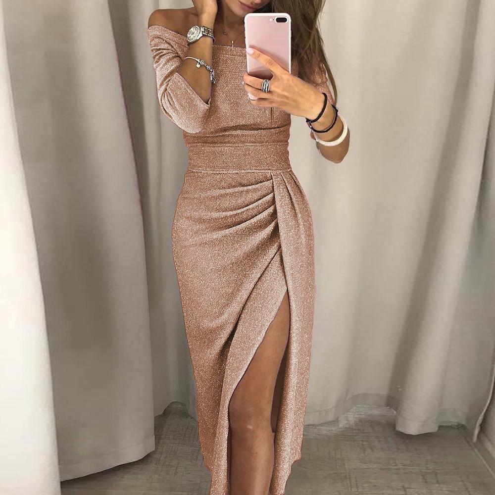

Women Off Shoulder High Slit Bodycon Dress Long Sleeve Dresses XXL оранжевый