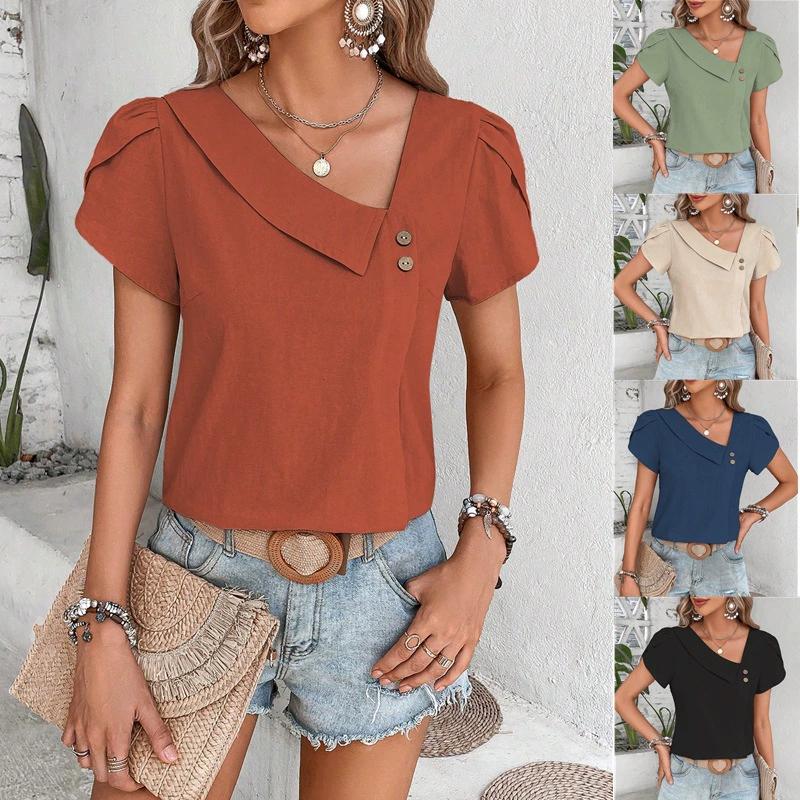 T-shirt da donna estiva con collo inclinato, tinta unita, manica corta