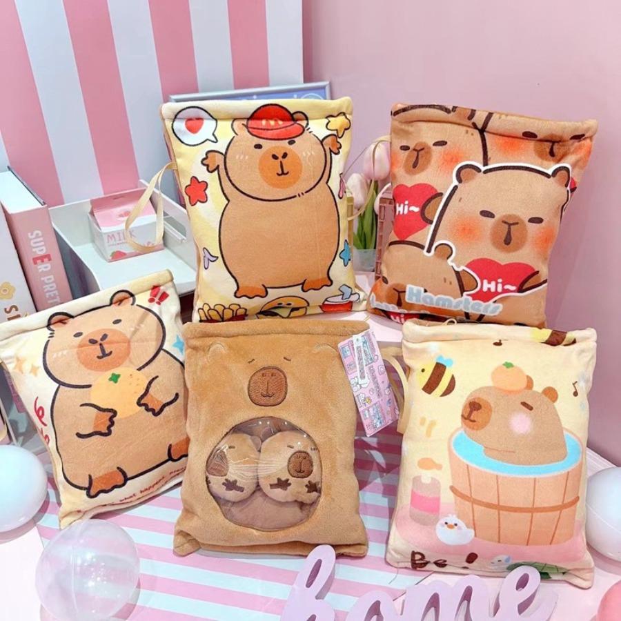 Capybara Snacks Bag Plush Toy Throw Pillow Capibala Snacks Plushie Doll Creative Pudding Bag Hold 2 Capybara Cubs Stuffed Animal