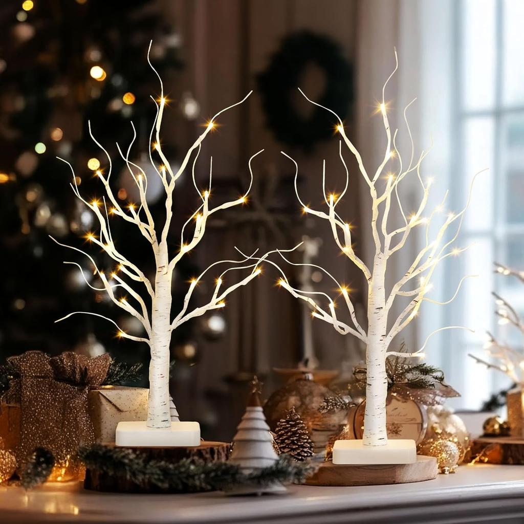 2 Pack Lighted Birch Tree, Battery-Powered LED Christmas Tree with Timer - Tabletop Decor for Home, Office, Bedroom, Wedding