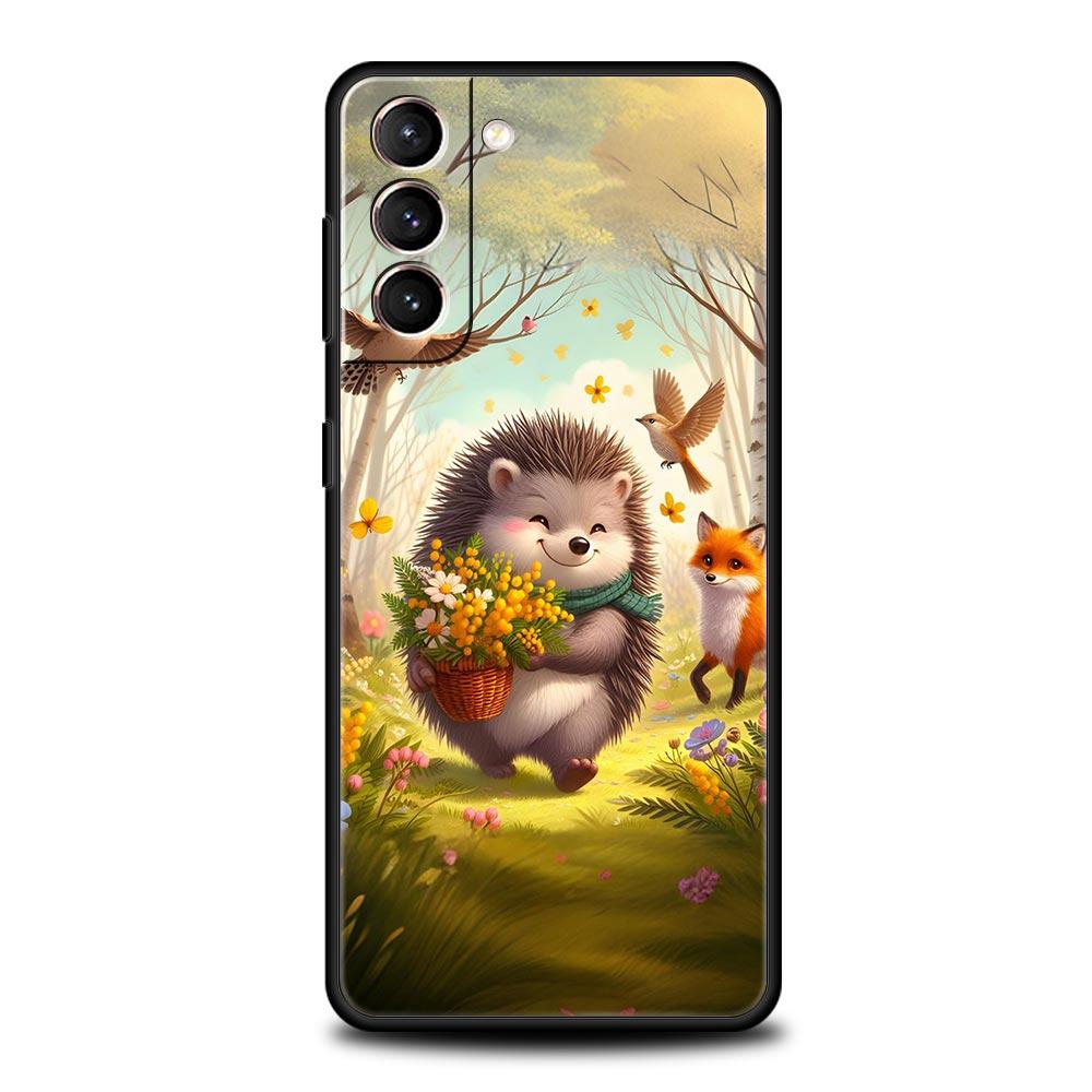 Autumn Cute Hedgehog Design Phone Case For Samsung Galaxy S26 Ultra S25 Plus S24 FE S23 S22 5G S21 S20 Cover Black Soft