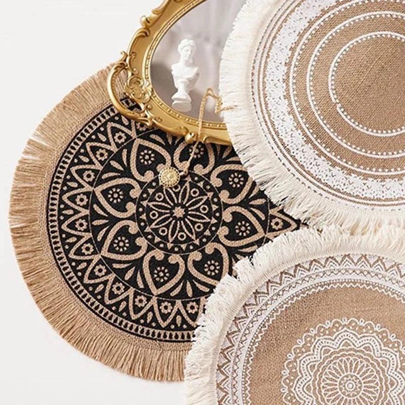 1PC Round Flower Print Table Placemat Nordic Style Non-slip Placemat Heat Insulation Furniture Decoration Mat Coffee Cup Mats LS