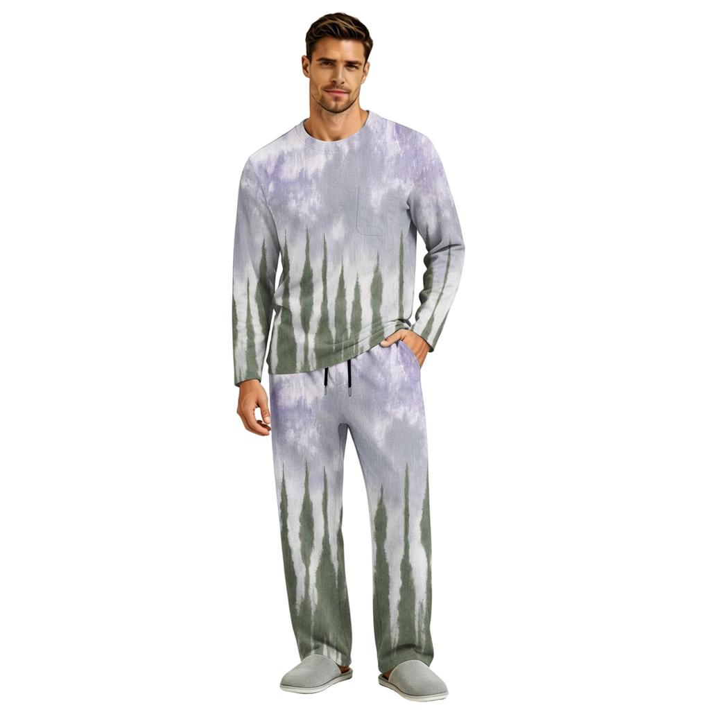 Men's Long Sleeve Pajama Set with Button Fly and Elastic Drawstring Waist for Home Sleepwear
