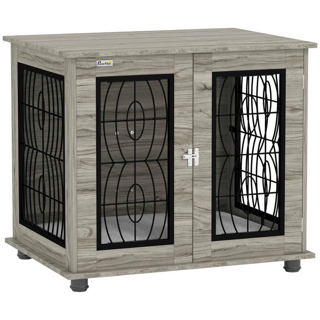 Indoor Dog Crate Furniture End Table with Soft Washable Cushion, Lockable Front Door, for Medium Dogs - Black
