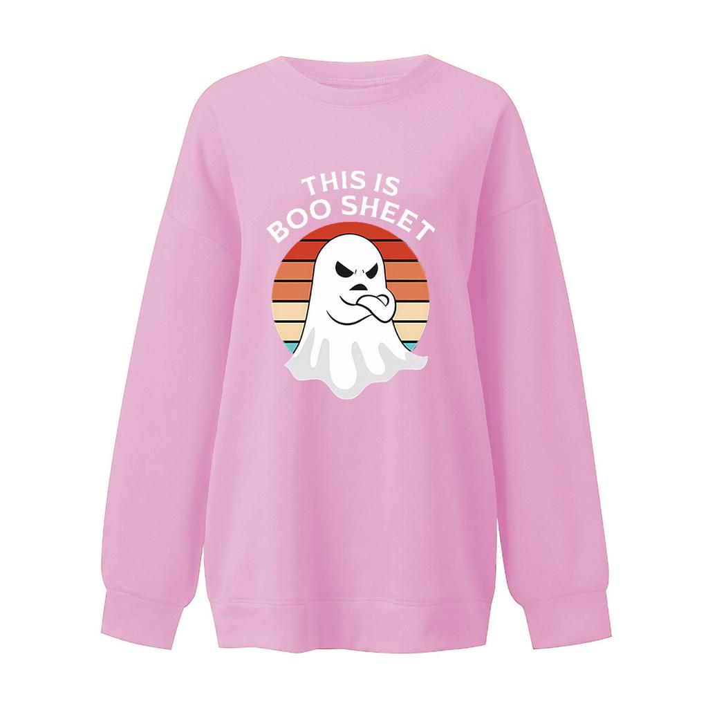 Women's Halloween Print Pullover Round Neck Drop Shoulder Long Sleeved Blouse