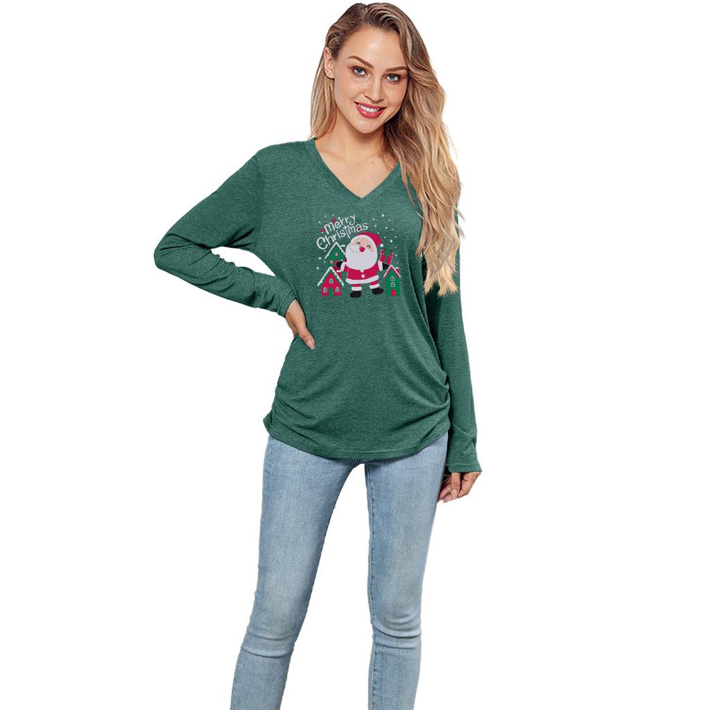 GMXIA Solid-color Christmas Element Printed Loose Casual Top T-shirt for Women