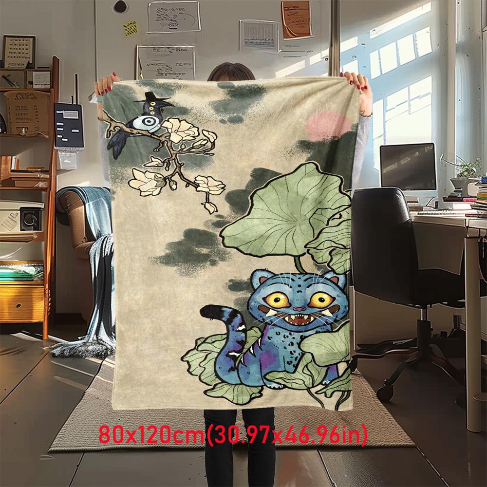 1Pc Cat, Lotus Leaf Print Flannel Blanket, High quality Digital Printing, Comfortable for All Seasons, Home DecorGifts821041 80x120cm