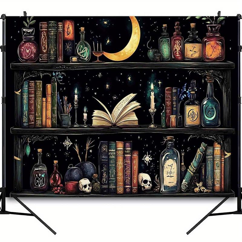 VIKAMA Moon And Star Wizard Bookshelf Tapestry Dark Decor Backdrop Bedroom Headboard Wall Cloth Dorm Room Decoration