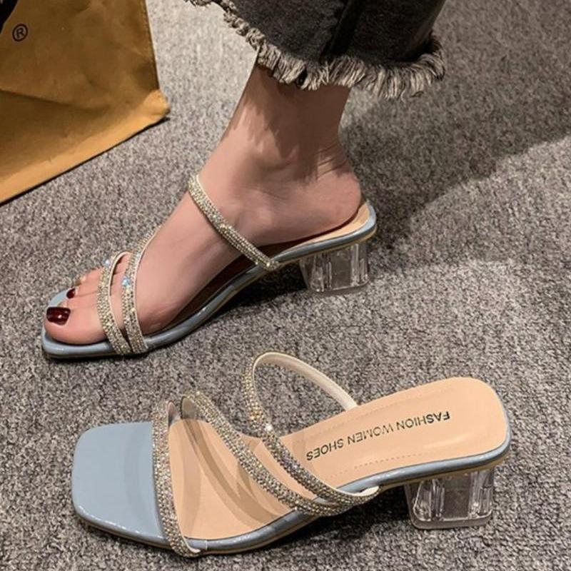 Soft Leather Crystal Thick Heel Sandals Female Internet Celebrity High Heels Two Slippers Rhinestone Fairy Wind Wear Deodorant Summer New