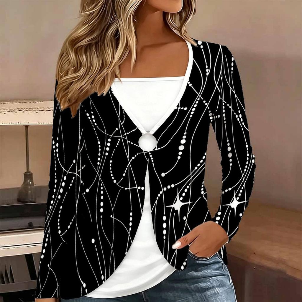 Tops for Women Simple Print Long Sleeve Fake Two‑Piece Top Fall Casual Slim Pullover Women's Long Sleeve Top