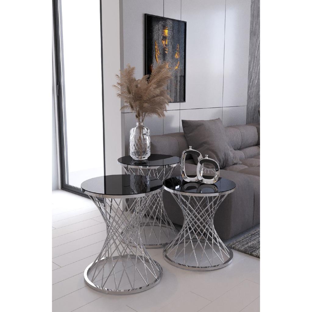 Wicker 3-seat Pot Nesting Coffee Table Silver Plated Smoked Mirror