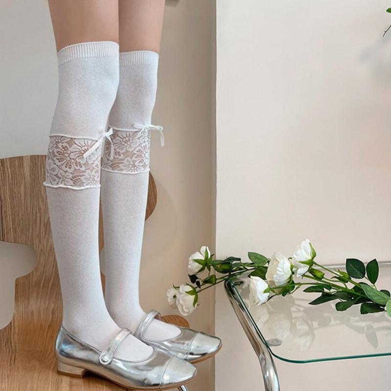 Women Lace Patchwork Calf Sock Knee Length Socks Lacing Up Knee Sock Fashion Mesh Knee Stockings Sexy Mesh Calf Socks