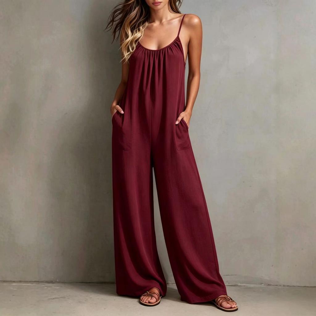 2026 Spring and Summer New European and American Cross-border Women's Clothing Casual Loose Wide-leg with Pockets Seaside Vacation Style Jumpsuit