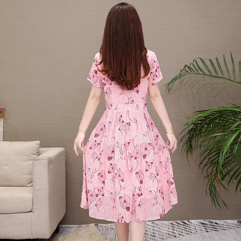 Fashion Casual Women O-Neck Short Sleeve Ladies Loose  Print Knee Length Dress