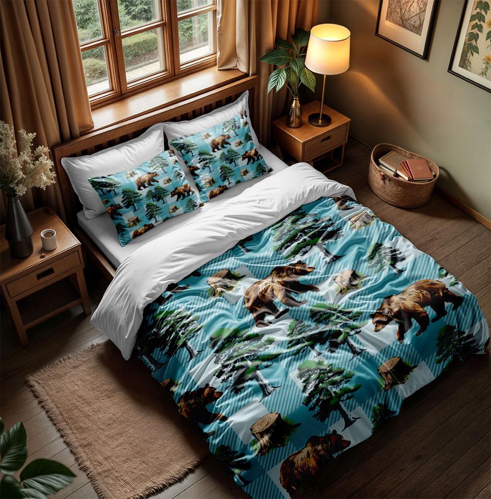 Buffalo Plaid Bears Duvet Cover Set King Queen Double Full Twin Single Size Bed Linen Set