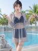 1011 New Women's Swimsuit Korean Super Fairy Student Split Vacation Hot Spring Girl Swimsuit Mesh Cardigan Three-Piece Set