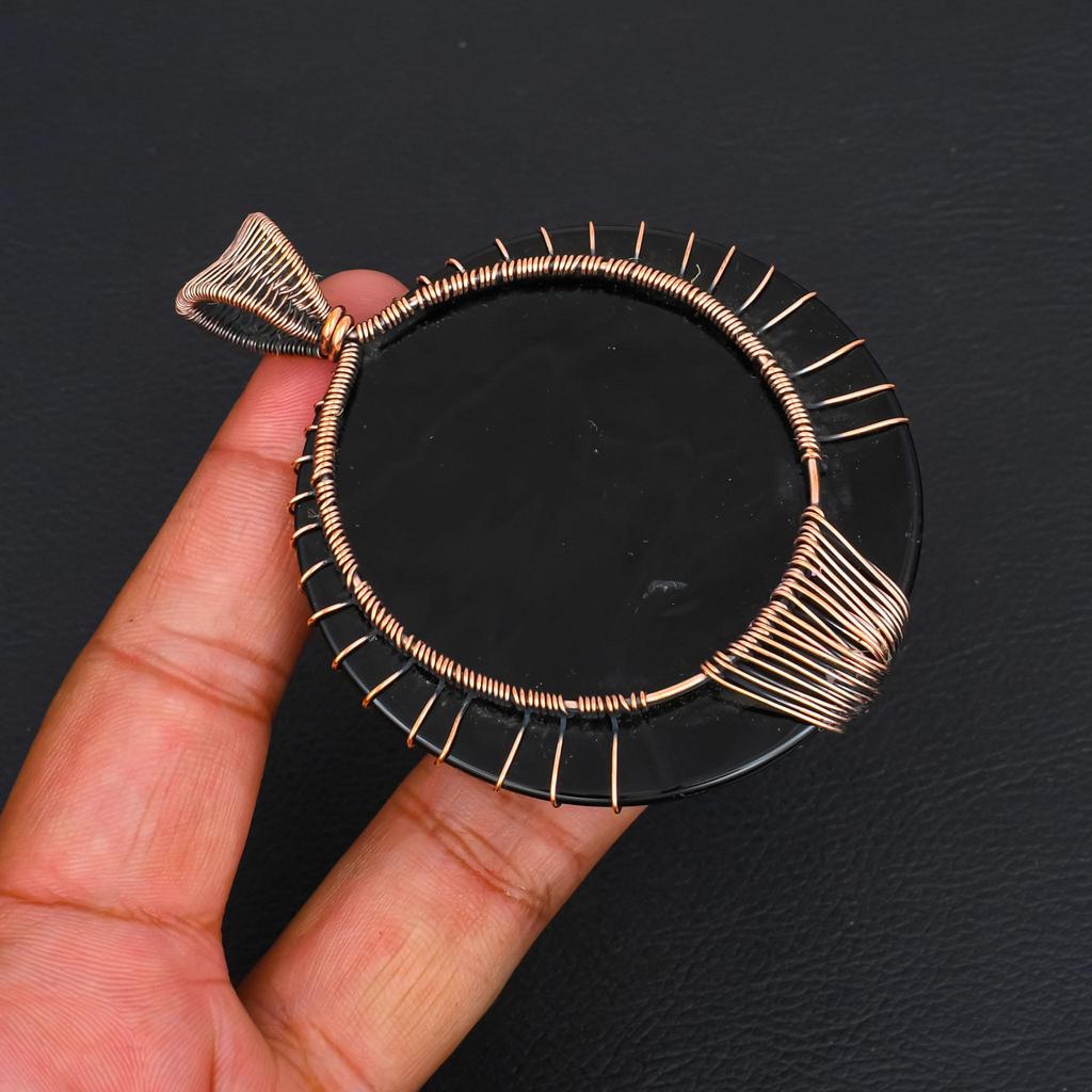 Handcrafted Huge Round Black Onyx Pendant, Artistic Tree of Life Copper Wire Wrap, Oversized Gemstone Necklace, Boho Chic Jewelry