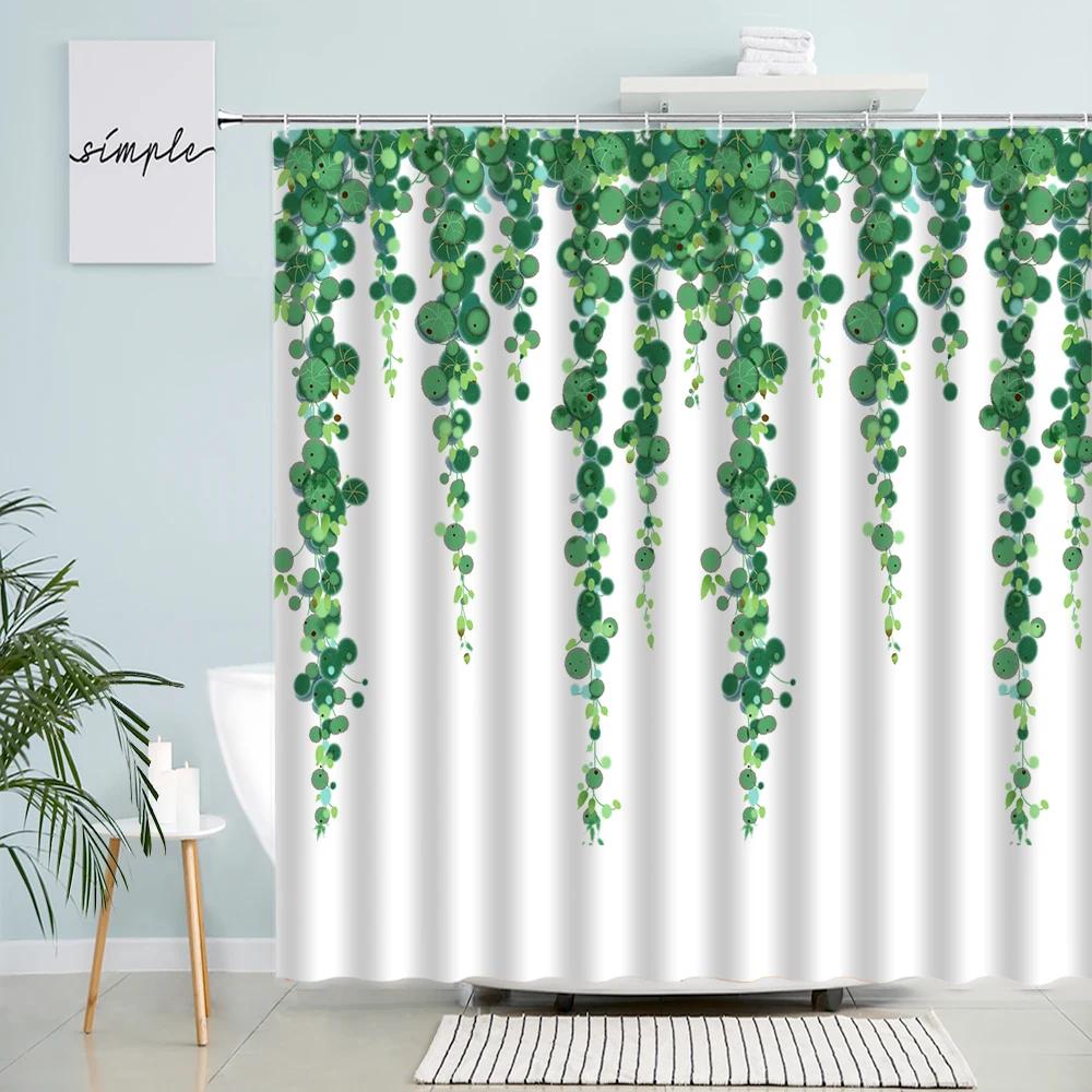 Tropisk Grön Växt Palmblad Badrum Duschdraperier Sommar Djungel Tyg Vattentätt Krokar Hängande Draperi Badskärm Dekor
