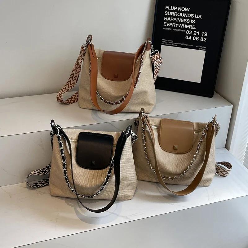 Combination Color PU and Fabric Shoulder Bag for Women Square Closure Zipper Large Capacity Luxury Sense Crossbody Bag for Women