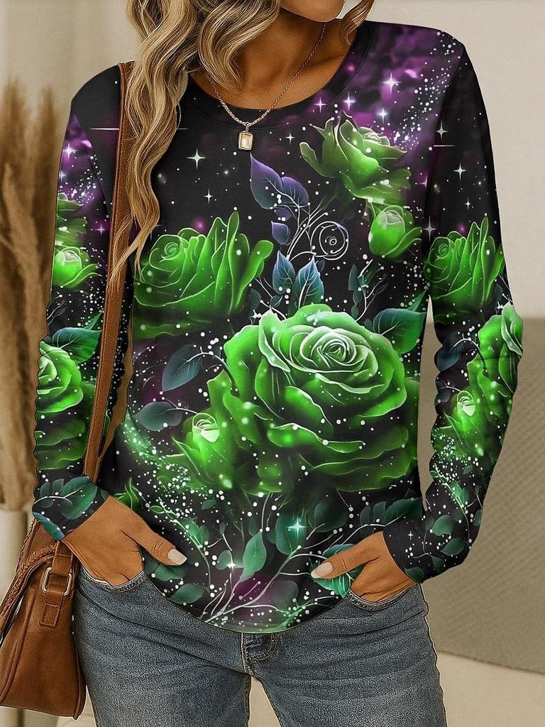 Damski T-shirt 3D Elegancki Wzór Kwiatowy Róży Modny Długi Rękaw Okrągły Dekolt Regularny Top Wakacje Weekend Wiosna Jesień