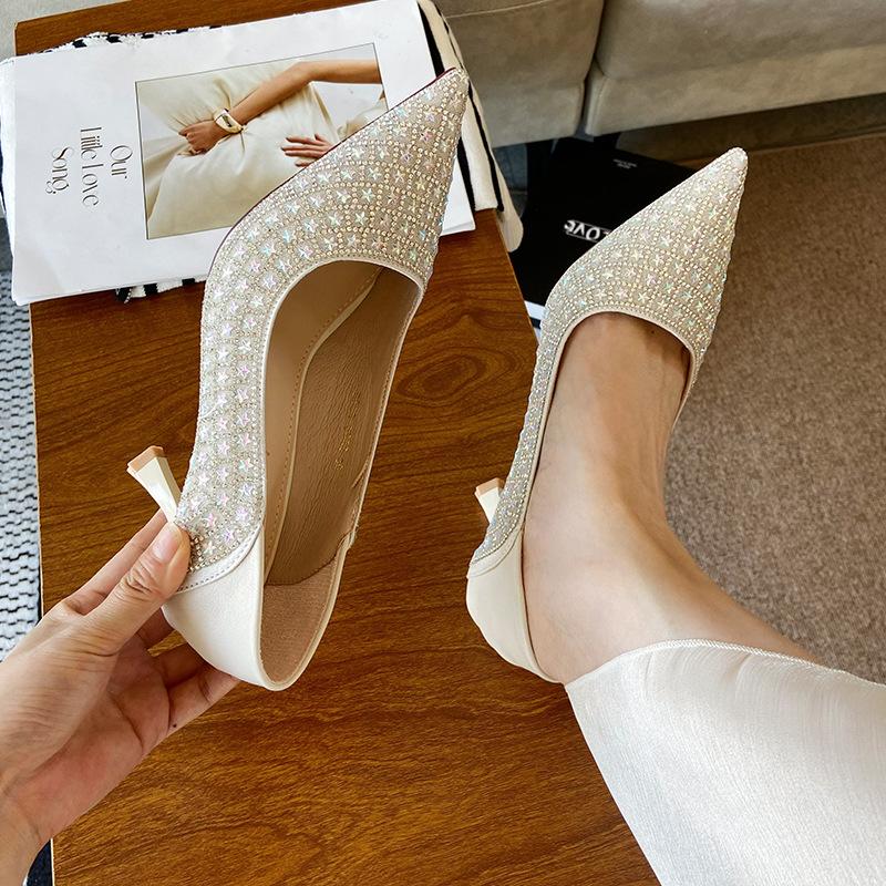 French Xiuhe Wedding Dress Two Wear Crystal Sequined Wedding Shoes Bridal Shoes Pointed Thin Heels Single Shoes High Heels