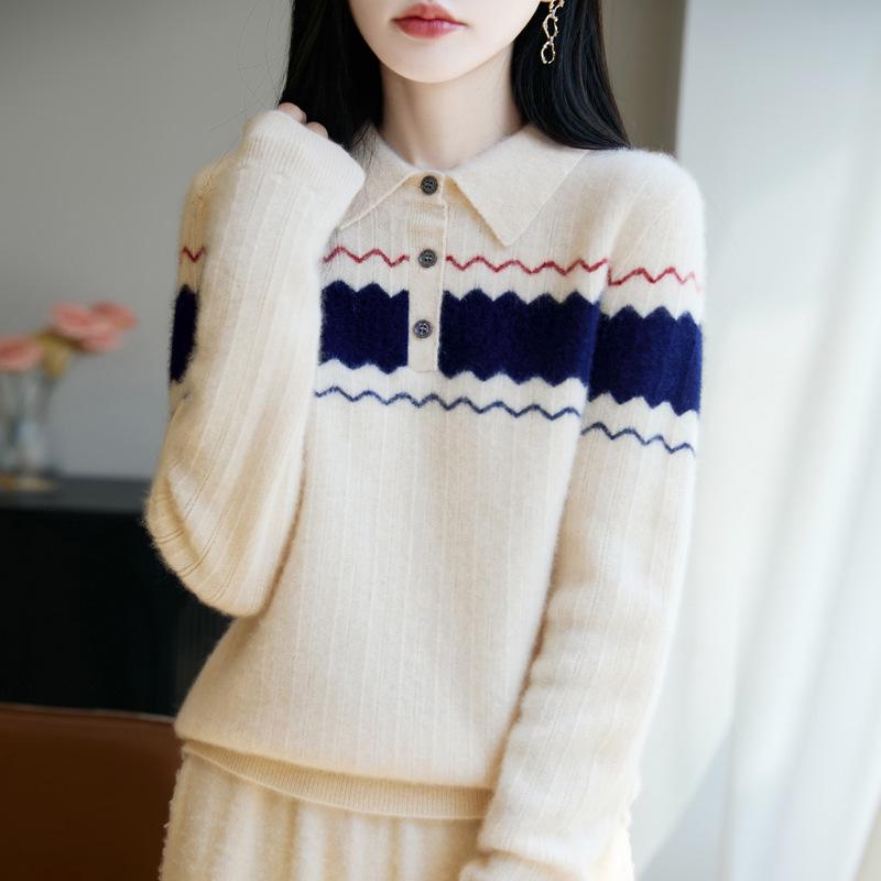 Women's Color-Block Jacquard Wool Sweater - New 2025 Autumn/Winter Cashmere Knit Top