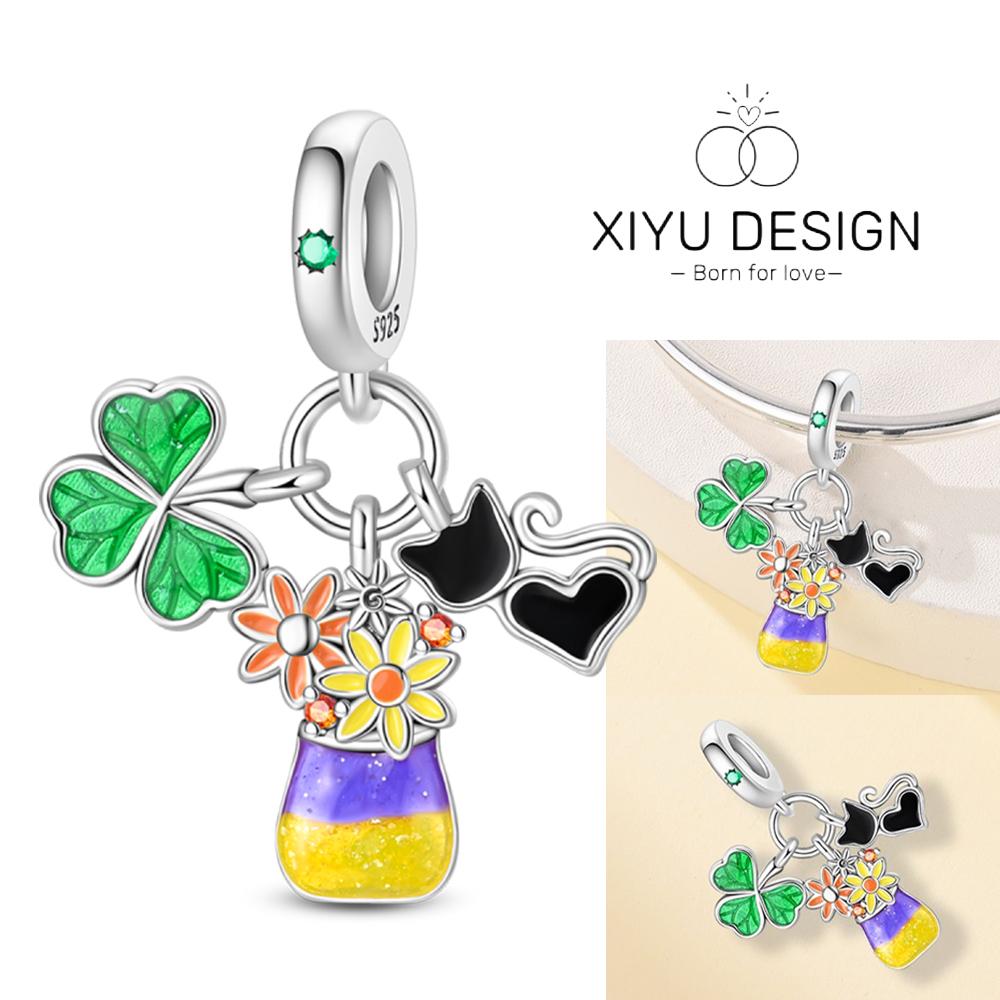 

Copper Oil Painting Flower Bottle&Black Cat Beads Charms Fit For The Brand S Diy Bracelet Women Jewelry Girlfriend Gifts білий
