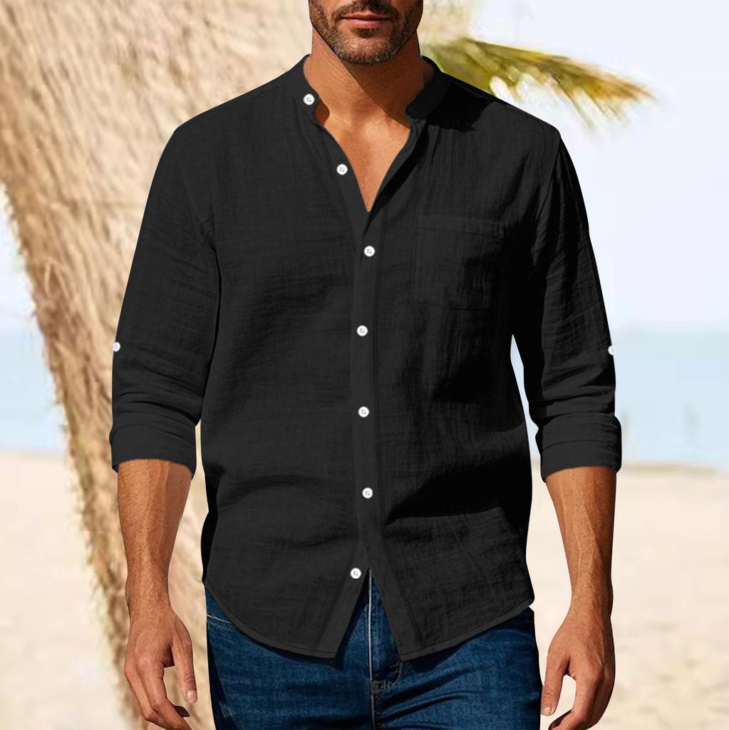 Spring And Fall  Linen Men's Shirt Long Sleeve Breathable Casual Pocket Shirt
