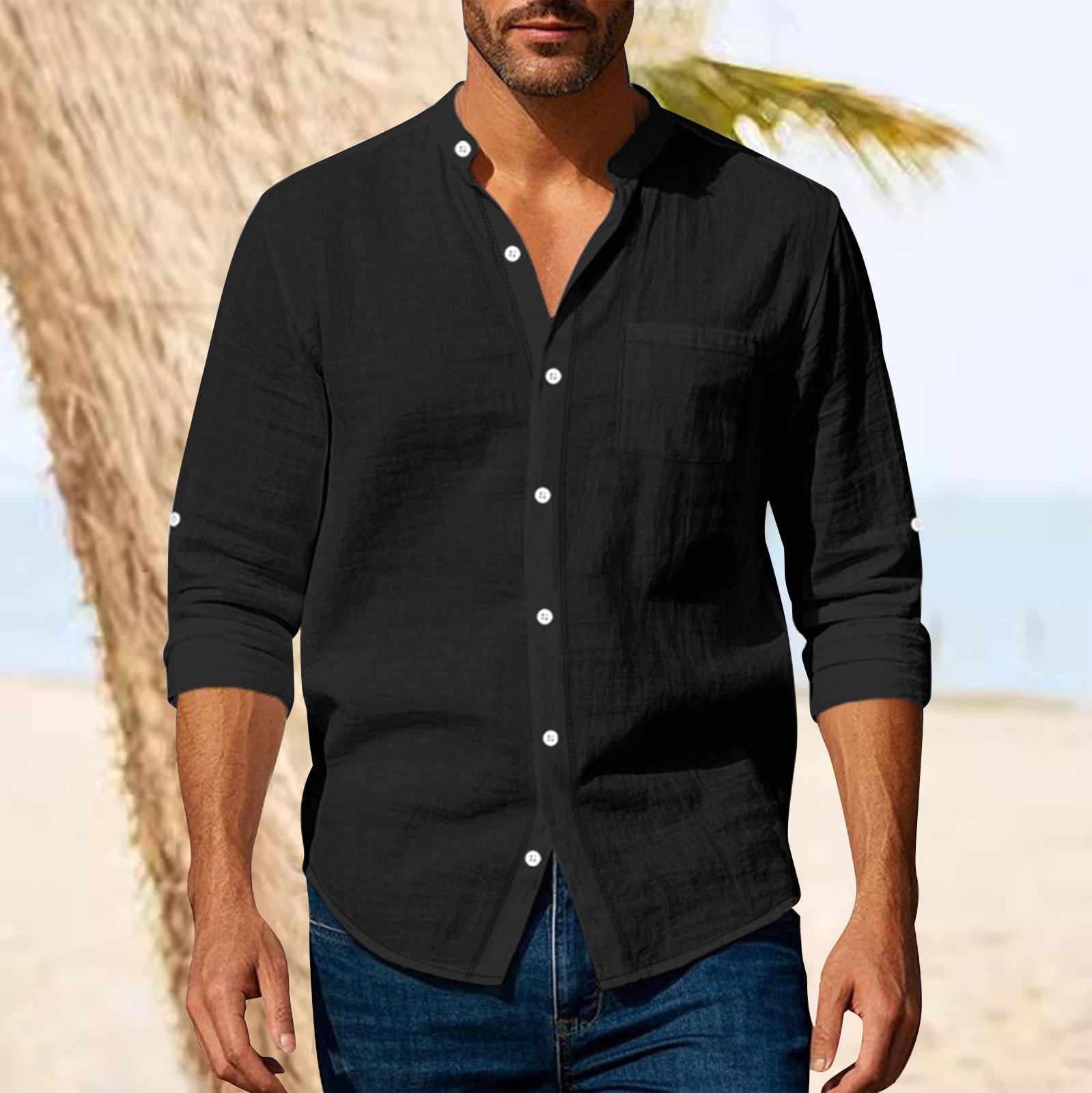 

Весенне-осенняя льняная мужская рубашка с длинным рукавом, дышащая повседневная рубашка с карманом XL чёрный