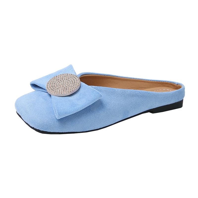 Fashion Square Head Shallow Mouth Cow Suede Slippers Summer New Baotou Crystal Buckle Soft Sole Anti-slip Wear-resistant Flat Shoes