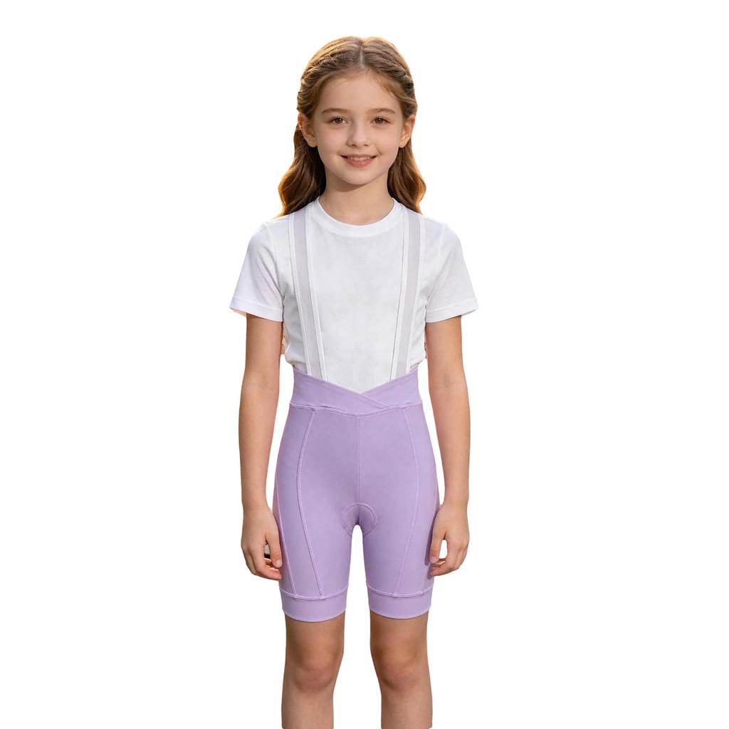 Kids Girls Cycling Bib Shorts High Waist V-Front 3D Padded Bike Shorts with Mesh Straps for Outdoor Sports Training