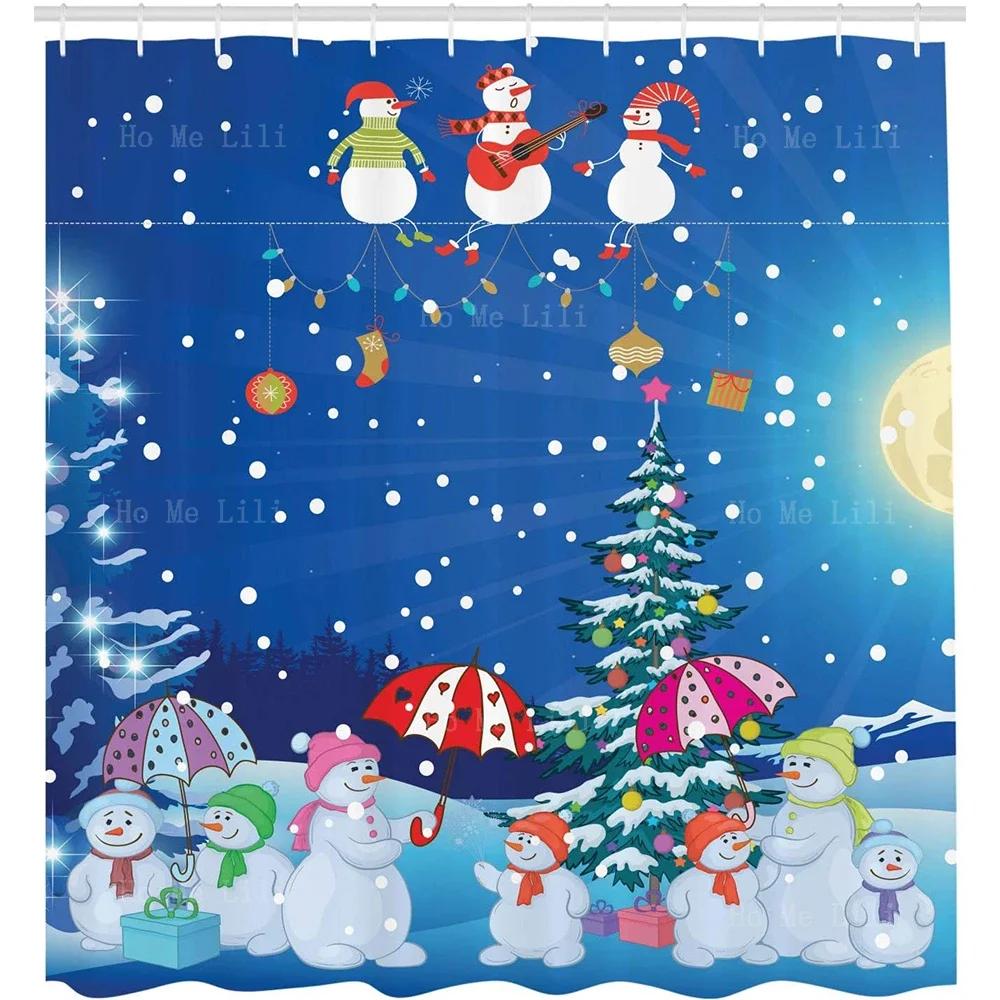 

Happy Snowman Party Cute White Christmas Ball Xmas Tree Snowy Birds Cartoon Style Winter Holiday Shower Curtains 90X180 cm