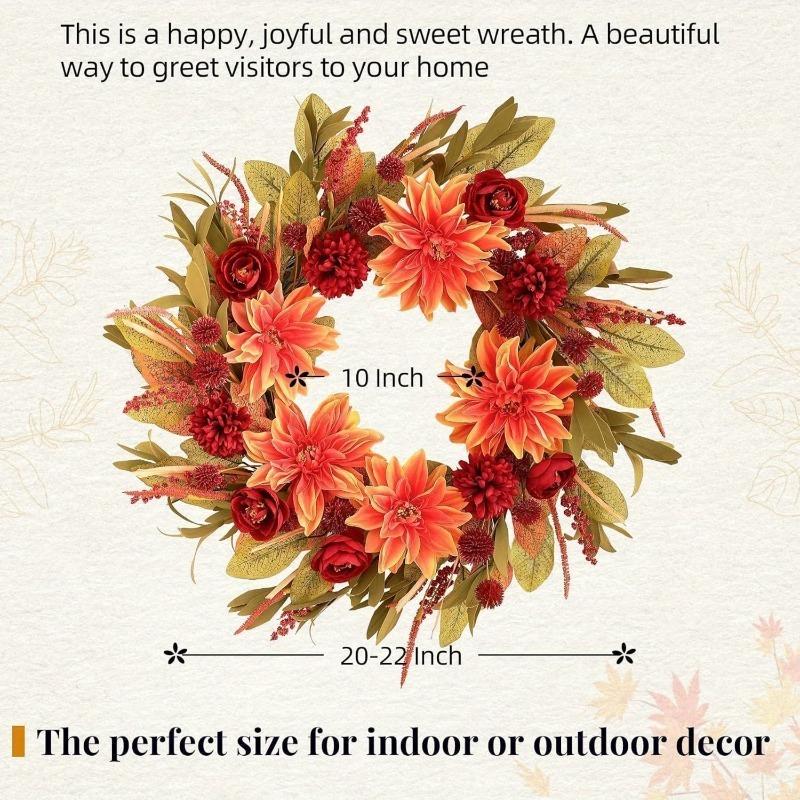 Large All-Season Elegant Front Door Wreath with Artificial Dahlias, Roses & Gingerbread UV-Resistant Floral Arrangement 22-Inch оранжевый