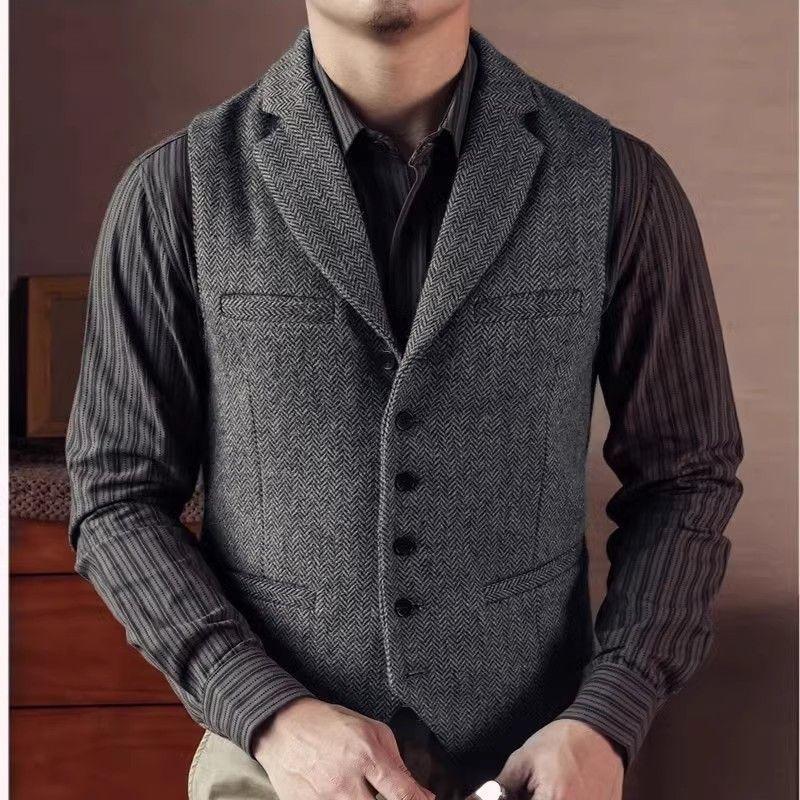 

Autumn Winter Woolen British Retro Horse Clip Casual Slim Suit Collar Vest Men S