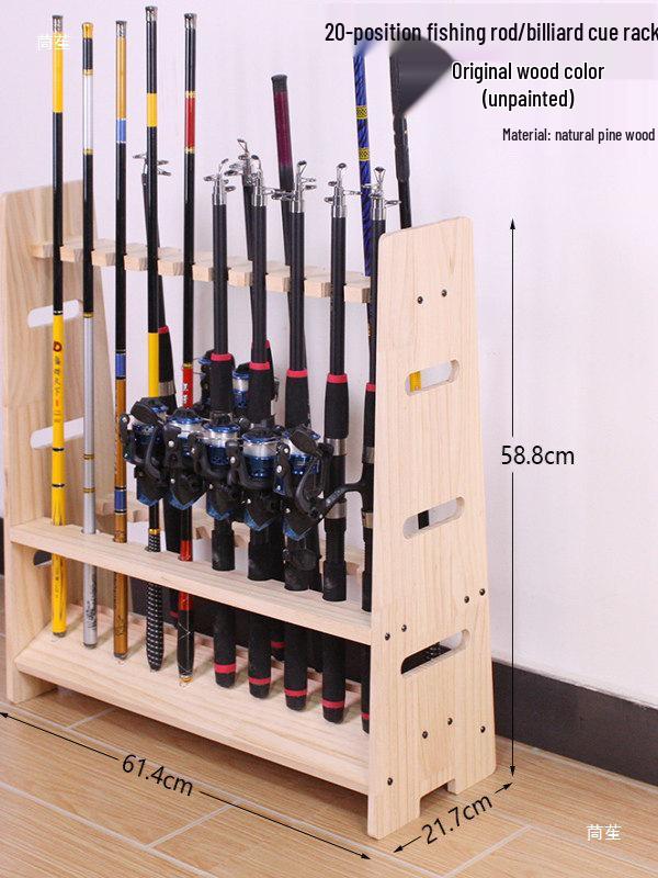 10-Tier Solid Wood Floor-Standing Fishing Rod and Pool Cue Storage Rack