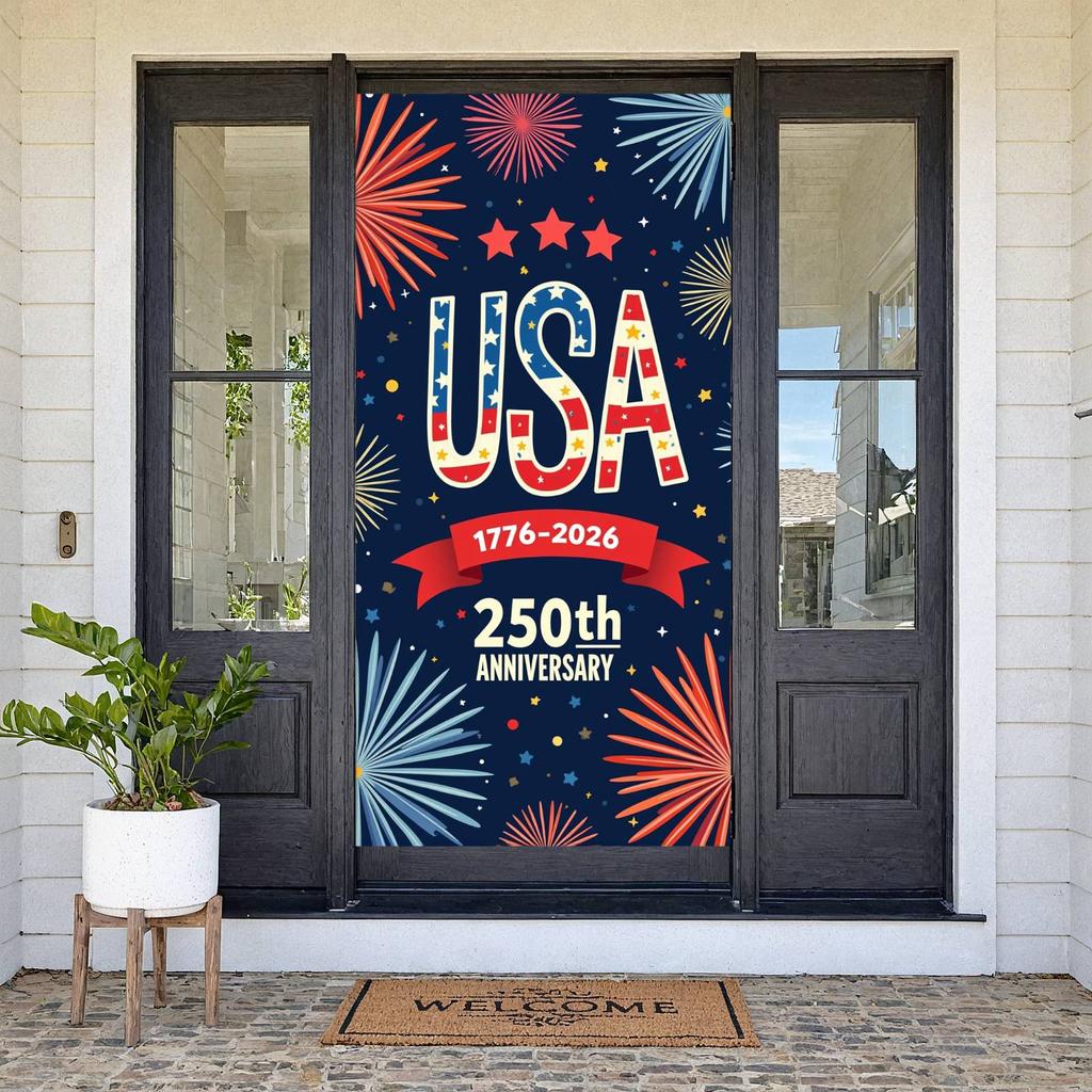 National Anniversary Display Red Blue Color Scheme USA 250th Backdrop Patriotic Celebration Background Firework Elements