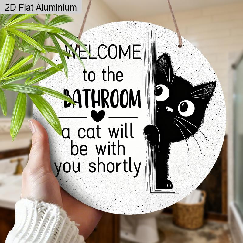 2D Flat Aluminium Bathroom Sign with Black Cat Pattern - Funny Decorative Sign & Plaque - Ideal for Bathroom Wall Decoration - Home Hanging Decor for