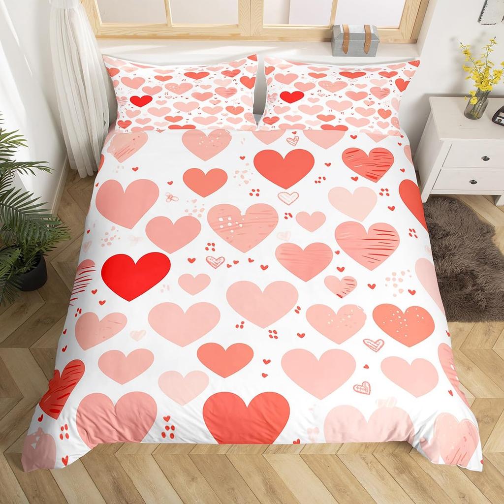 Colorful Love Heart Comforter Cover Queen Pink Black Bedding Set Romantic Duvet Cover Valentine's Day Quilt Cover with Zipper