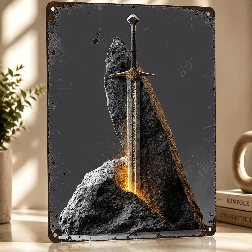 Fantasy Sword In Stone Personalized D Textured Metal Poster Wall Art Tinplate Sign for Decor Living Room Decoration Man Home