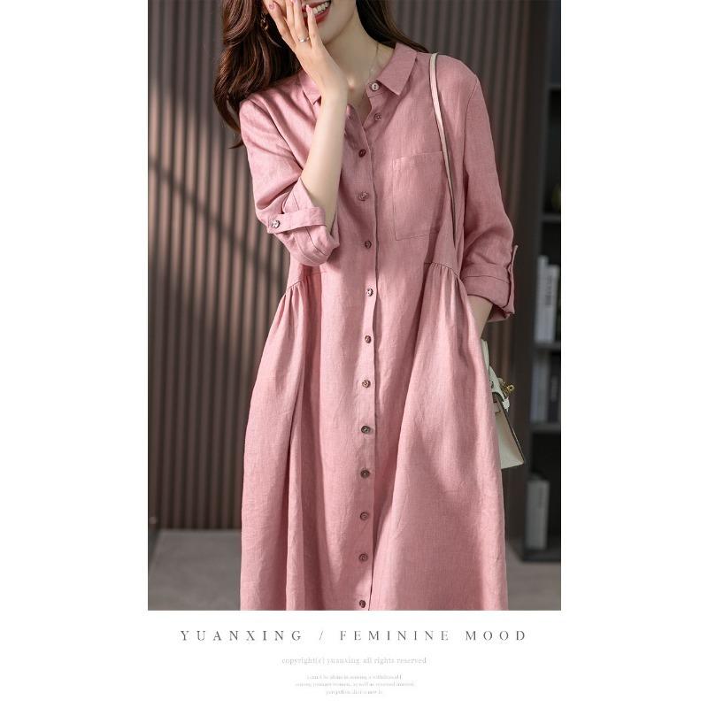 Elegant Linen Shirtdress Design for A Slim Solid Color Dress for Spring and Fall