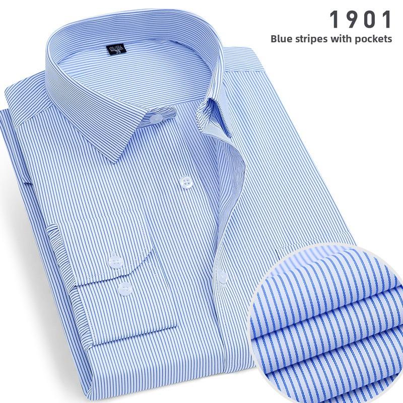 Men's Striped Long Sleeve Shirt, Cotton Blend Square Collar Business Shirt, Lightweight Pocket Top
